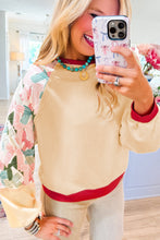 Load image into Gallery viewer, Beige Bowknot Printed Patchwork Raglan Sleeve Colorblock Edge Top
