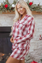 Load image into Gallery viewer, Red Retro Plaid Long Sleeve Shirt Drawstring Shorts 2pcs Lounge Set
