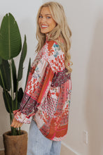 Load image into Gallery viewer, Red Boho Geometric Mixed Print Patchwork Bubble Sleeve Shirt
