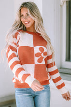 Load image into Gallery viewer, Brown Checkered Floral Print Striped Sleeve Sweater
