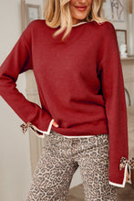 Load image into Gallery viewer, Racing Red Leopard Bow Decor Split Cuff Contrast Trim Sweater
