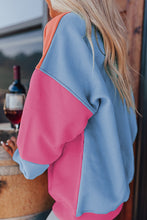 Load image into Gallery viewer, Bright Pink Colorblock Patchwork Drop Shoulder Sweatshirt
