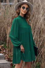 Load image into Gallery viewer, Green Puff Sleeve Mock Neck Back Knot Tiered Dress
