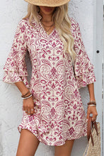 Load image into Gallery viewer, Pink Paisley Print Tiered 3/4 Sleeve Notched Neck Mini Dress

