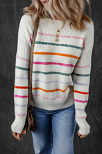 Load image into Gallery viewer, White Colorful Striped Ribbed Trim Sweater
