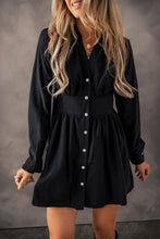 Load image into Gallery viewer, Black Elastic Cinched High Waist Long Sleeve Shirt Mini Dress

