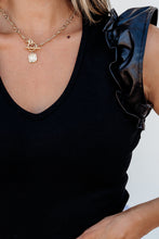 Load image into Gallery viewer, Black Leatherette Ruffle Patchwork Ribbed V Neck Bodysuit
