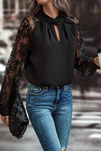 Load image into Gallery viewer, Black Keyhole Neckline Floral Lace Raglan Sleeve Blouse
