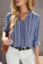 Load image into Gallery viewer, Blue Striped Print V Neck Half Buttons Loose Blouse
