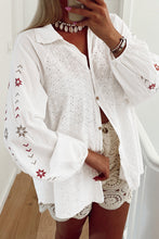 Load image into Gallery viewer, White Floral Embroidered Puff Sleeve Eyelet Patchwork Shirt
