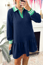 Load image into Gallery viewer, Navy Blue Contrast Striped Cuffs Polo Collar Patchwork Long Sleeve Ruffle Hem Mini Dress
