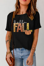 Load image into Gallery viewer, Black Hello Fall Letter Pumpkin Printed Thanksgiving T Shirt
