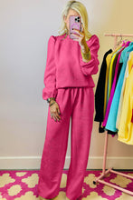 Load image into Gallery viewer, Rose Red Textured Puff Sleeve Top and Pants Set
