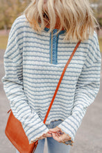 Load image into Gallery viewer, Sky Blue Stripe Textured Frilly Trim Buttons Henley Long Sleeve Top
