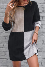 Load image into Gallery viewer, Black Ribbed Color Block Drop Shoulder Long Sleeve Mini Dress

