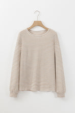 Load image into Gallery viewer, Khaki Stripe Round Neck Drop Shoulder Long Sleeve Top
