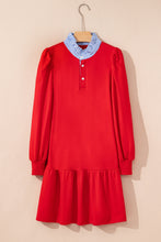 Load image into Gallery viewer, Fiery Red Contrast Striped Collar Patchwork Puff Sleeve Ruffle Hem Mini Dress
