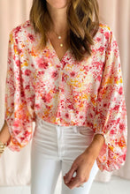 Load image into Gallery viewer, Pink Ditsy Floral Bubble Sleeve V Neck Blouse
