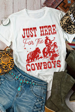 Load image into Gallery viewer, White JUST HERE For THE COWBOY Cuffed Sleeve Crew Neck T Shirt
