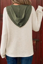 Load image into Gallery viewer, White Waffle Contrast Half Buttoned Hooded Pullover Top
