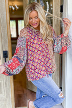 Load image into Gallery viewer, Orange Mixed Floral Printed Long Sleeve Tied V Neck Blouse
