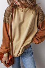 Load image into Gallery viewer, Khaki Lace Patchwork Colorblock Drop Shoulder Sweatshirt
