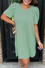 Load image into Gallery viewer, Mint Green Corded Knit Crew Neck Puff Sleeve Shift Mini Dress
