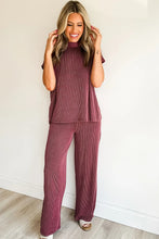 Load image into Gallery viewer, Burgundy Twisted Ribbed High Neck Loose Tee Elastic High Waist Loose Pant Set
