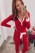 Load image into Gallery viewer, Fiery Red Contrast Trim Button V Neck Ribbon Bow Knot Waist 2pcs Lounge Pant Set
