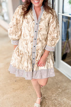 Load image into Gallery viewer, Khaki Plus Size Floral Print Striped Trim Patchwork Button Down A-line Dress
