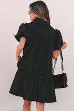 Load image into Gallery viewer, Black Shirt Style Button Down Puff Sleeve Ruffle Hem Dress
