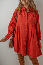 Load image into Gallery viewer, Tomato Red Bishop Sleeve Button Up Pleated Mini Shirt Dress
