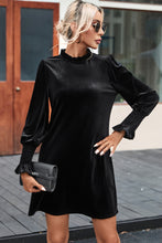 Load image into Gallery viewer, Black Velvet Frill Neck Long Sleeve Shift Dress
