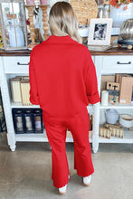 Load image into Gallery viewer, Fiery Red Polo Collar V Neck 3/4 Sleeve Pullover Drawstring Bell Bottom Pants 2pcs Set
