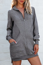 Load image into Gallery viewer, Dark Grey Zip up Collared Ribbed Patchwork Sweatshirt Dress with Pockets
