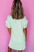 Load image into Gallery viewer, Green Stripe Ruffled Short Sleeve Crew Neck T Shirt Shift Mini Dress

