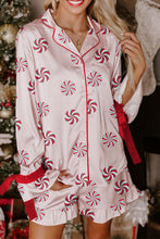 Load image into Gallery viewer, Pink Christmas Candy Contrast Trim Bow Knot Silky 2pcs Pajama Set
