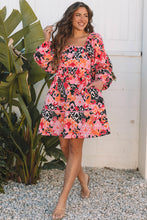 Load image into Gallery viewer, Pink Bohemian Square Neck Puff Sleeve Mini Dress
