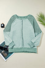 Load image into Gallery viewer, Mineral Blue Waffle Knit Patchwork Exposed Seam Raglan Sweatshirt
