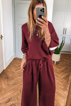 Load image into Gallery viewer, Burgundy Varsity Striped 3/4 Sleeve Pullover Drawstring Sweatpants Set

