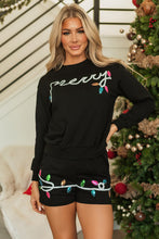 Load image into Gallery viewer, Black Sequin Merry Graphic Pullover and Shorts Outfit
