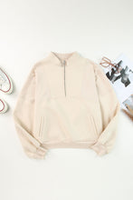 Load image into Gallery viewer, Apricot Half Zip Stand Collar Exposed Seam Solid Color Casual Sweatshirt
