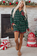 Load image into Gallery viewer, Green Plaid Contrast Patched Christmas Holiday Long Sleeve Shirt and Short 2pcs Pajama Set
