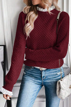 Load image into Gallery viewer, Burgundy Contrast Lace Frilled Trim Raglan Sleeve Sweater

