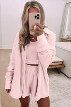 Load image into Gallery viewer, Light Pink 3 Pcs Crop Tank Top Shorts with Cardigan Lounge Set
