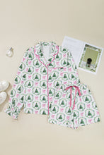Load image into Gallery viewer, Green Christmas Fashion Print Velvet Trim Bow Knot Pajama 2pcs Short Set
