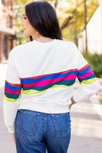 Load image into Gallery viewer, White Colorful Striped Accent Long Sleeve T Shirt
