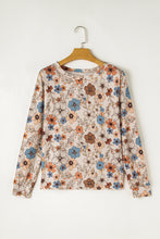 Load image into Gallery viewer, Khaki Floral Print Loose Crew Neck Long Sleeve T Shirt
