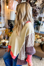 Load image into Gallery viewer, White Color Block Striped Patchwork Dolman Slit Sweatshirt
