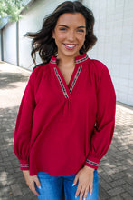 Load image into Gallery viewer, Racing Red Leopard Jacquard Print V Neck Textured Blouse

